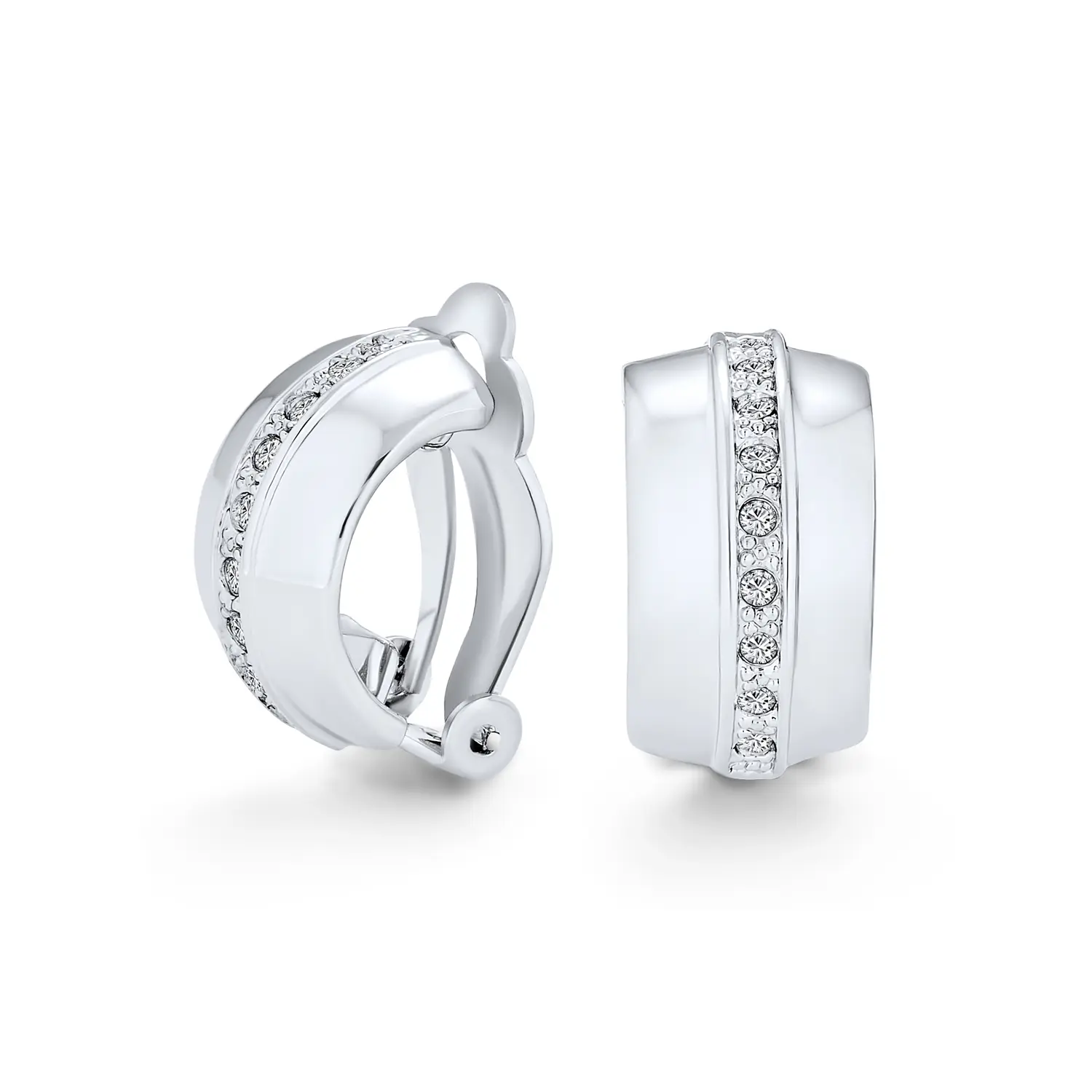 Single Row Crystal Wide Half Hoop Clip On Earrings Non Pierced Ears Rhodium Plated