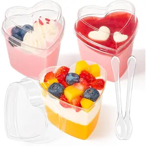 50 Pack Heart Shaped Dessert Cups with  and Spoons, 5 oz Mini Plastic Shooter Cups for Parfait, Pudding, Fruit, Cheesecake, Mousse, Jello, Yogurt, Appetizer
