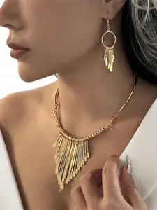 Gold Fringe Choker Necklace Earrings Set | Statement Party Jewelry | Vintage 3 Piece Bohemian Vibe Jewelry Gift