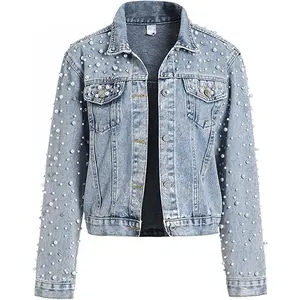 Women's Pearls Denim Jacket Cropped Rhinestones Jean Jacket Coat