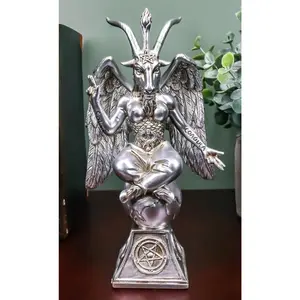 Antiqued Silver Finish Sabbatic Goat Idol Baphomet Pentagram Figurine 6.5"H