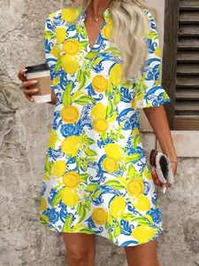 Lemon Print V-Neck Short Sleeve Summer Dress, Casual Chic Everyday Midi Dress for Women, Lightweight & Breathable Fabric, Perfect for Daily Wear