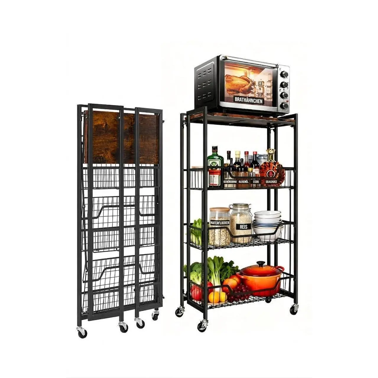 Heavy Duty 4-Tier Wooden Kitchen Storage Rack - Large Expandable Folding Organizer - Rolling Shelf with Lockable Wheels - Mobile Utility Shelf for Pantry, Garage, Bathroom