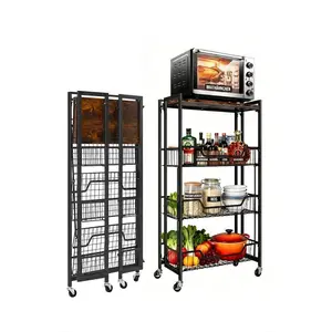 Garvee Large 4-Tier Collapsible Storage Cart – Lockable Casters, Heavy Duty Expandable Kitchen Organizer Rack, Pre-Assembled, 100 lbs Capacity, Rolling Utility Shelf for Pantry, Garage, Bathroom