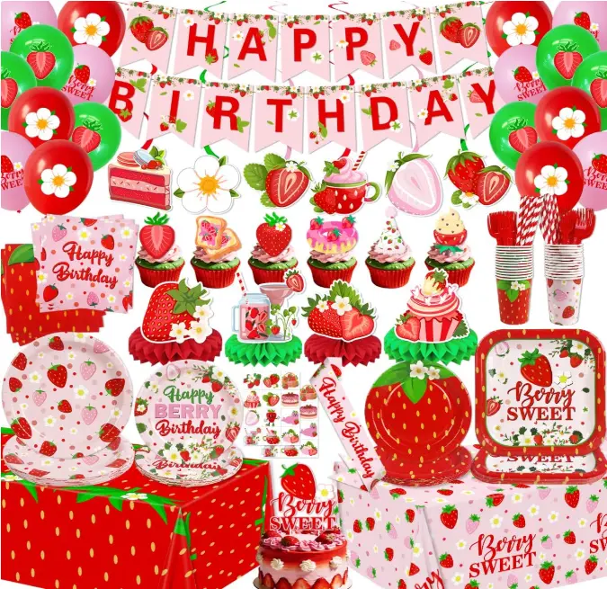 223Pcs Strawberry Birthday Decor Pack - Pink Berry Plates, Napkins, Happy Birthday Banner, Sweet Tablecloth, Honeycomb Cake Topper, Hanging Swirls, Stickers - Disposable Tableware Set for 26 Guests