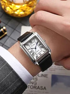 Men's Casual Quartz Watch with Leather Strap, Square Face Design, Square Dial Wristwatch, Fashionable Wristwatch for Daily Wear, Perfect Gift Idea
