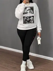 Women's 2-Piece Sweatshirt Set, Graphic Print, Round Neck Long Sleeve, Long Pants, Casual Fall Winter, Holiday Sale