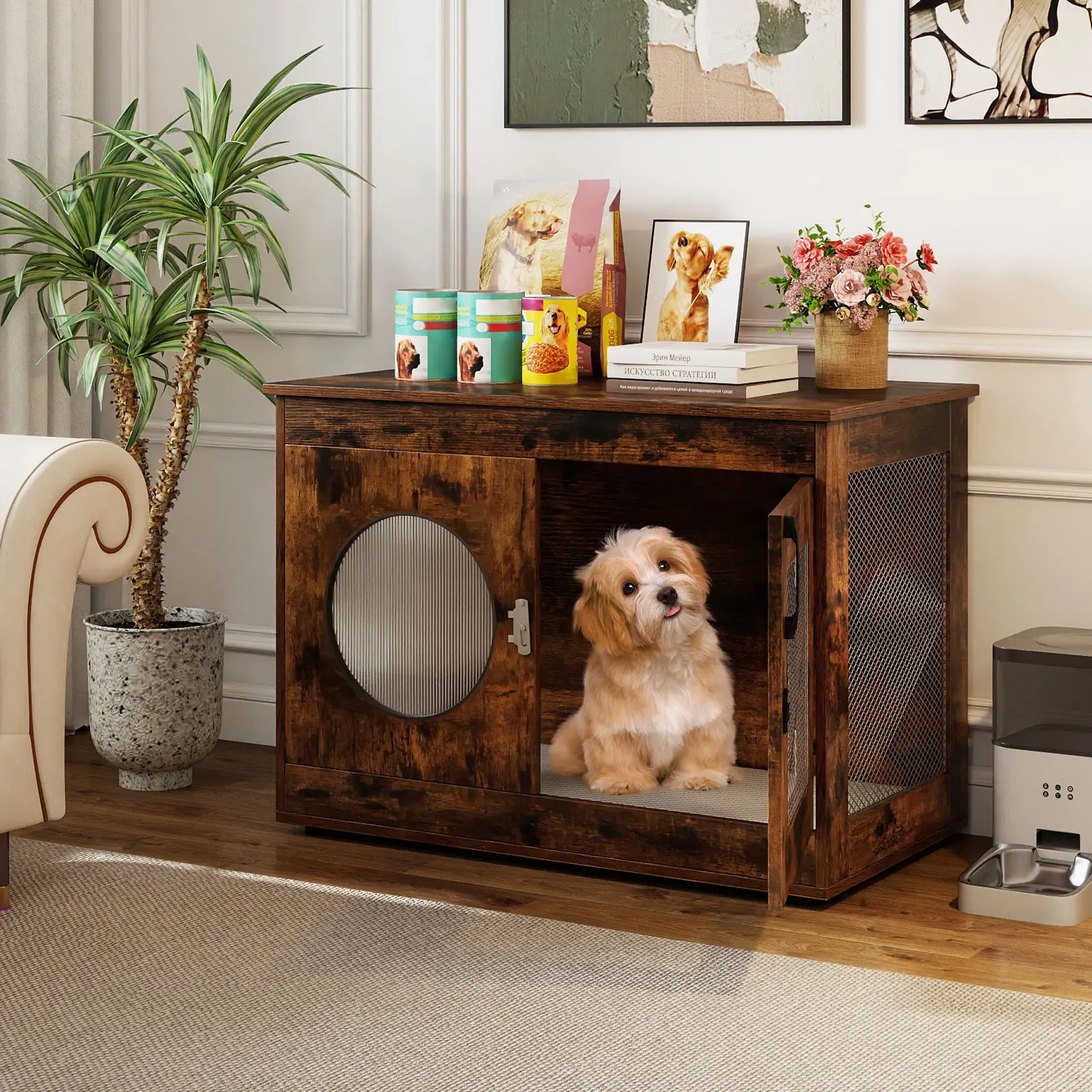 COSTWAY - Furniture Style Dog Crate for Small and Medium Dogs with Translucent Window and Lockable Door-Rustic Brown