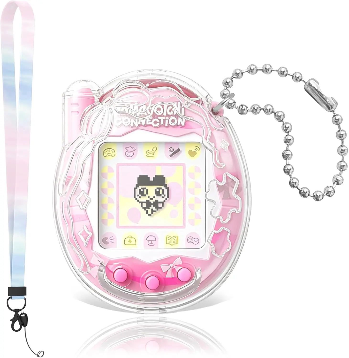 OAJ for Tamagotchi Connection V3 Case, 3D Star & Bow Clear Hard PC Scratch-Resistant Protective Cover, Full Body Protection for Tamagotchi Connection V3 with Colorful Lanyard, Ball Chain & Opening Pick (Device Not Included), Transparent