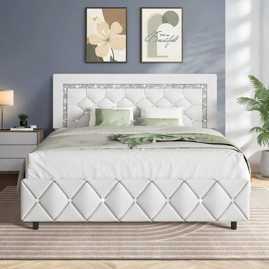 Upholstered Bed Frame, Modern Platform Bed Frame With Diamond Headboard And Footboard, No Boxing Spring Needed, Easy Assembly, Black/ Grey/ Pink/ Purple/ White/ Beige / Green, Twin/ Full/ Queen/ King