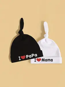 2PCS 0-6 Months Unisex Newborn Baby Hat Set, Letter Print Cute Black & White Beanies, Soft Infant Caps for Baby Boys & Girls, Ideal Baby Shower Gift