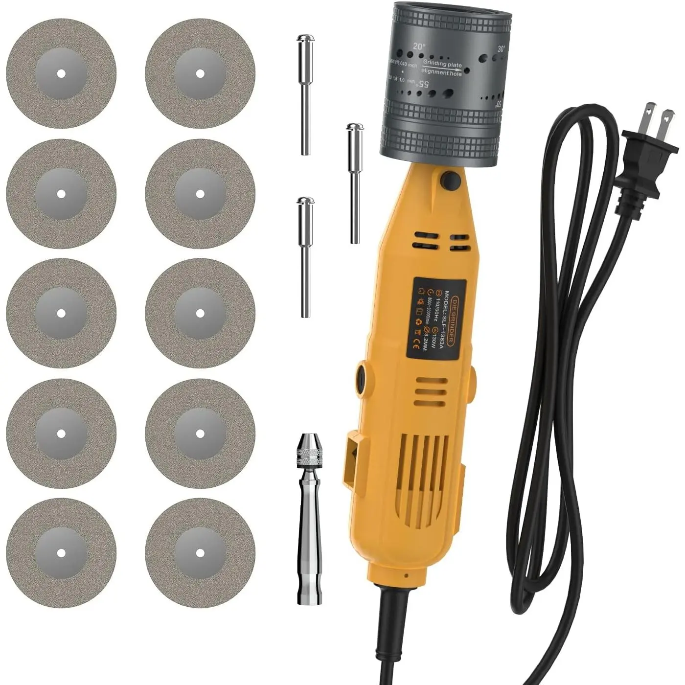 Tungsten Electrode Sharpener Grinder for TIG Welding - Multi-Size Rotary Tool with 6 Sizes, 10 Angles, Flat Block, Cut-Off Slot, 10 Diamond Wheels, 3 CNC Mandrels Set