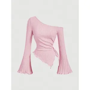 Women’s apricot off-shoulder T-shirt with drawstring, asymmetric hem, and flared sleeves; fall women’s clothing; comfortable T-shirt