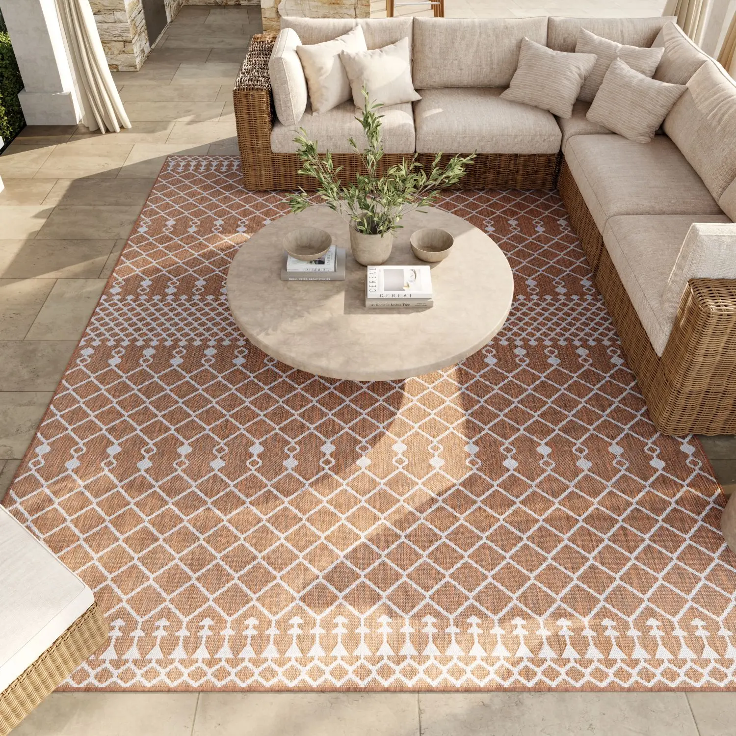 Nourison Positano Rectangle Moroccan Trellis Flatweave Outdoor Rug, Durable Geometric Outdoor Carpet for Patio, Deck, Moroccan Geometric Rug