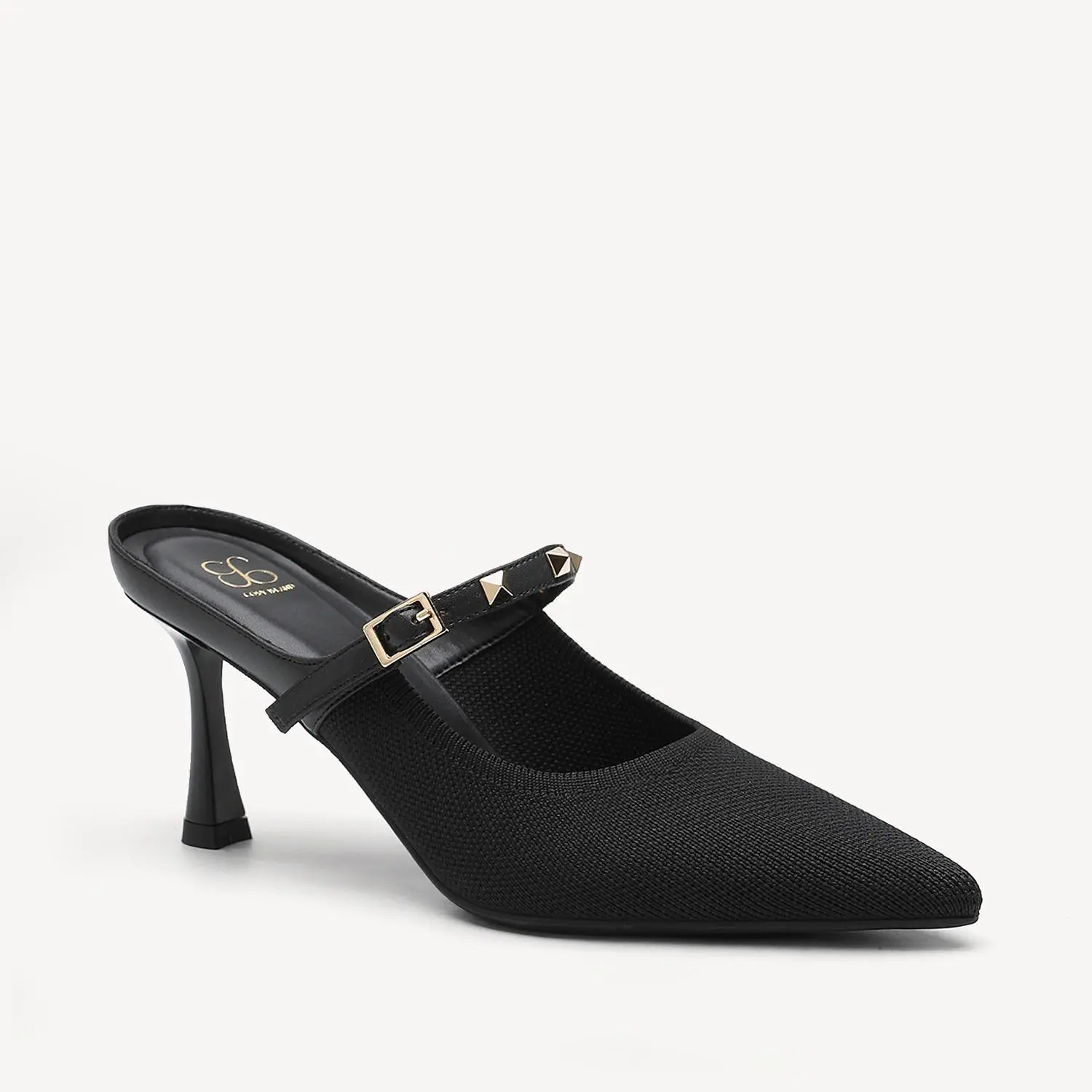 Cosy Island Fly Woven Pointed Toe Mule Heels Stud Pin Buckle 7cm Spool Flare Slip On Dress Shoes
