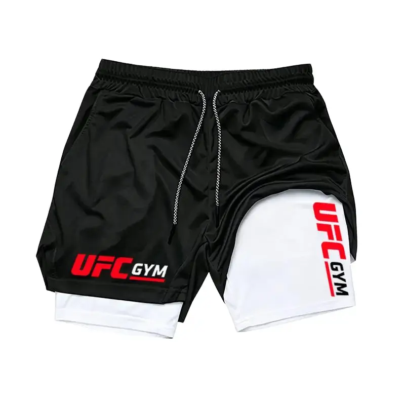 Men's Summer UFC GYM Print 2-in-1 Compression Liner Shorts Quick Dry Gym Training Workout Breathable Running Shorts wx241 layer double