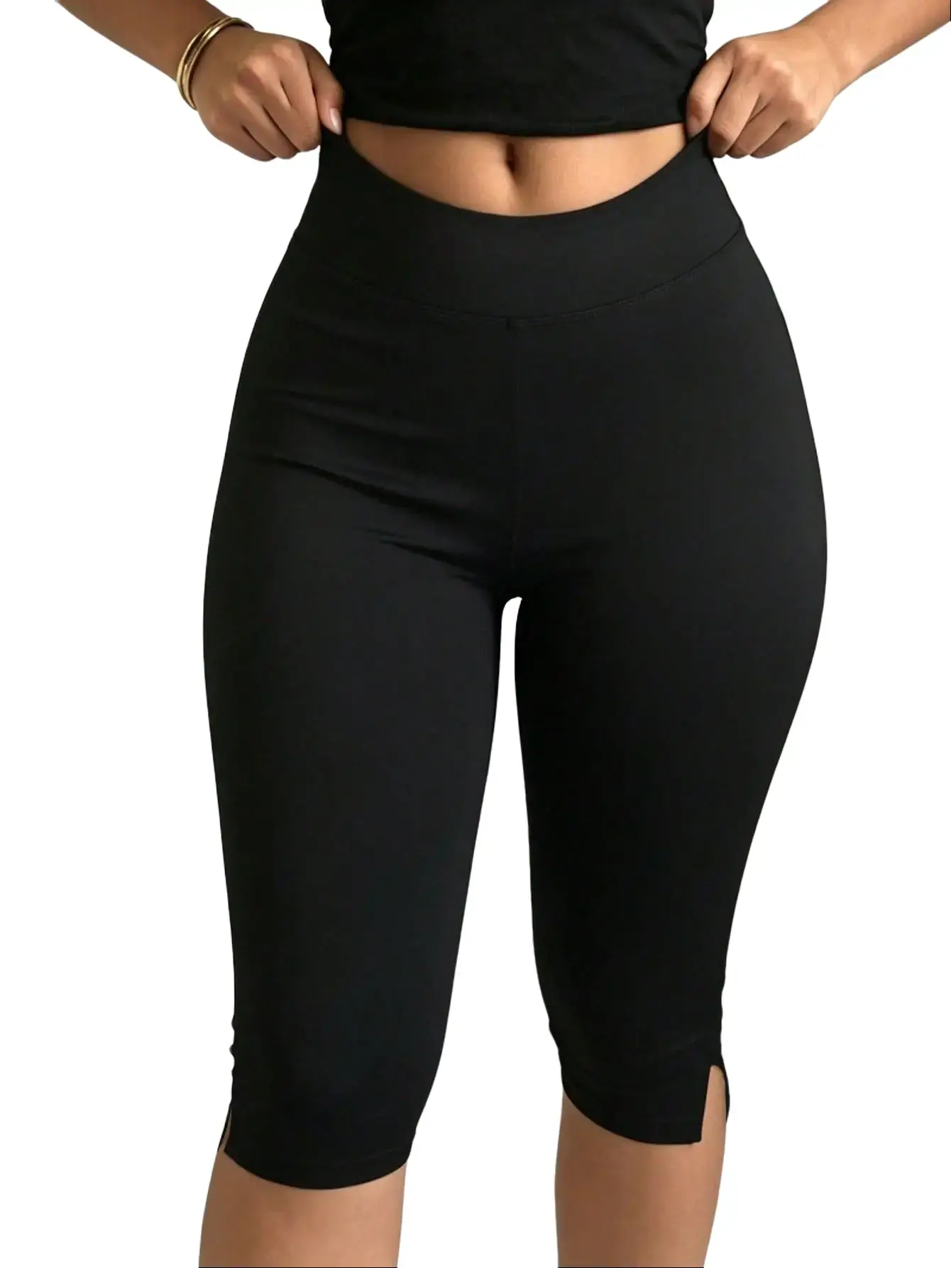 ASANDY Female Sporty Chic High-Waist Capri Leggings, Plain Cropped Design, Tummy Control, 4-Way Stretch, Slim Fit, Non-See-Through Yoga Pants for Gym Workout, Daily Wear