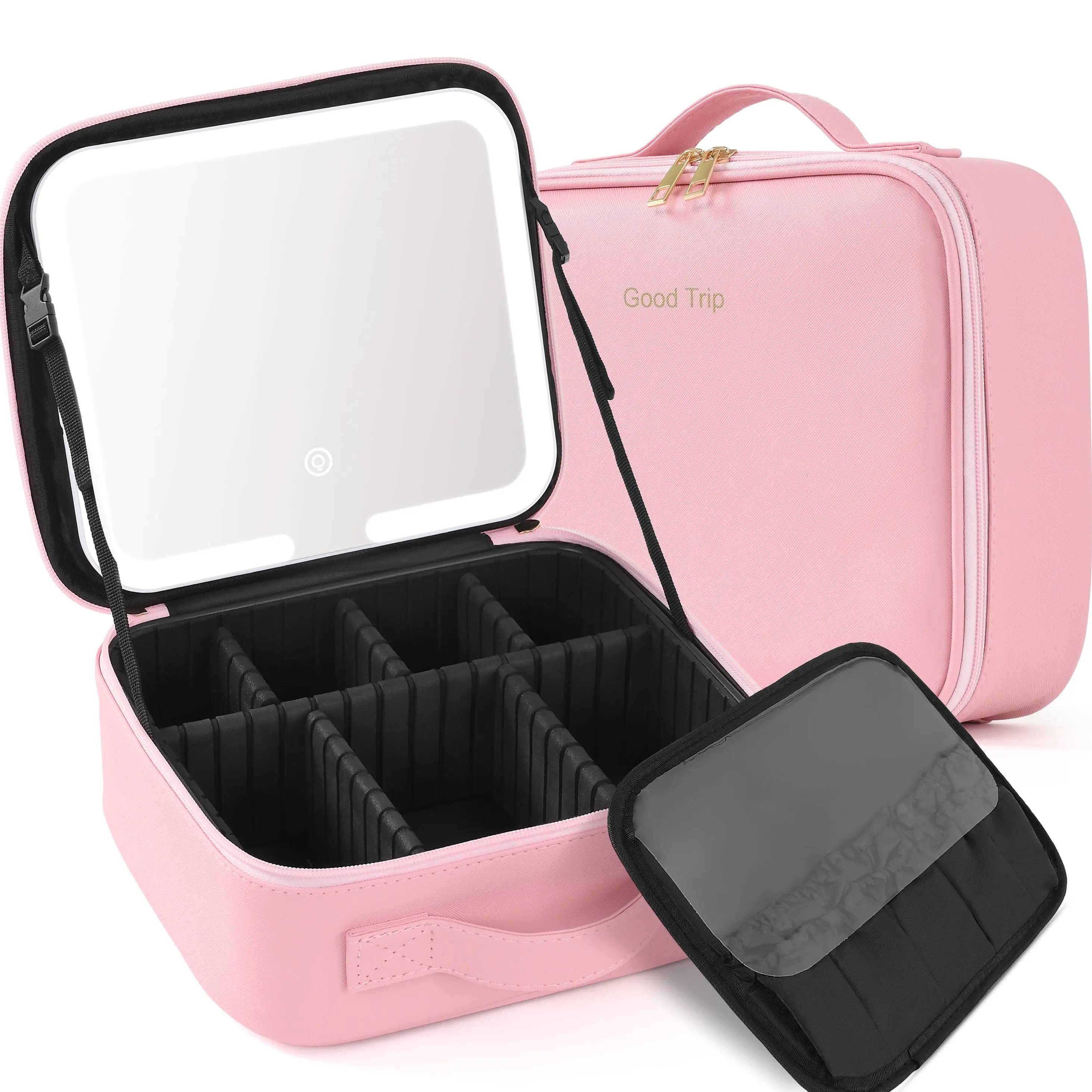 MULTIONS Makeup Case with Lighted Mirror 3 Color Setting,Travel Makeup Bag with Led Mirror with Adjustable Divider,Light Up Makeup Bag Cosmetic Organizer for Makeup Brush,Women Makeup Accessories,Tools Case for Mom Love Gifts