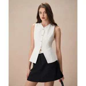 Rihoas Women's Chic Comfortable Cotton-Polyester Frill Tank Top - Single-Breasted White Stylish Office Wear Workwear Hip Vest, Women's Clothes