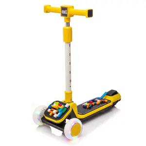 3-Wheel Kids Triangular Scooter with Flashing PU Wheels, 5-Height Adjustable Aluminum Tube Handlebar, Building Blocks & Compatible Bricks, Music & Lights, ASTM Certified for Ages 3-9