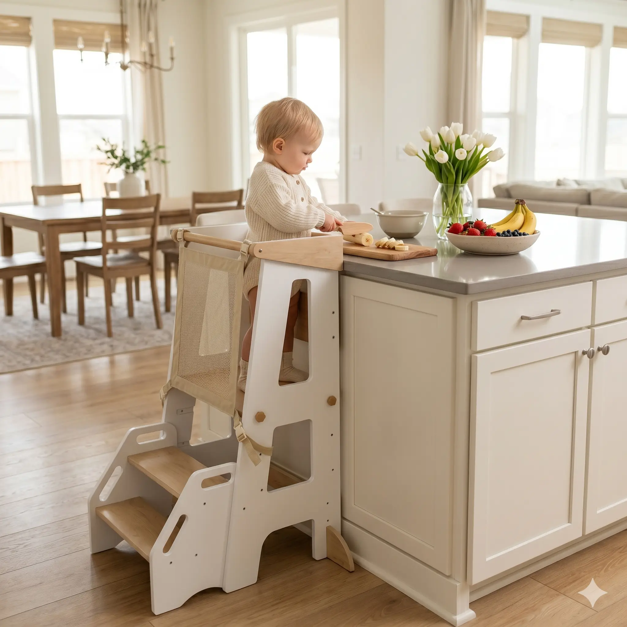 Wood Sturdy Montessori Toddler Learning Tower - 2-in-1 Convertible Footstool, 3-Level Adjustable Height, 36" H x 17.72" W, Stain-resist Top, 150 lbs Capacity, Tool-free Setup, Ideal for 3-4 Years, Birthday/Christmas Gift