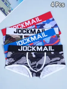 Men's Camouflage Print Knit Boxer Shorts, 4 Pack Classic Style Athletic Underwear, Casual Home & Gym Wear Trunks Underpants, All-Season Comfortable Fit