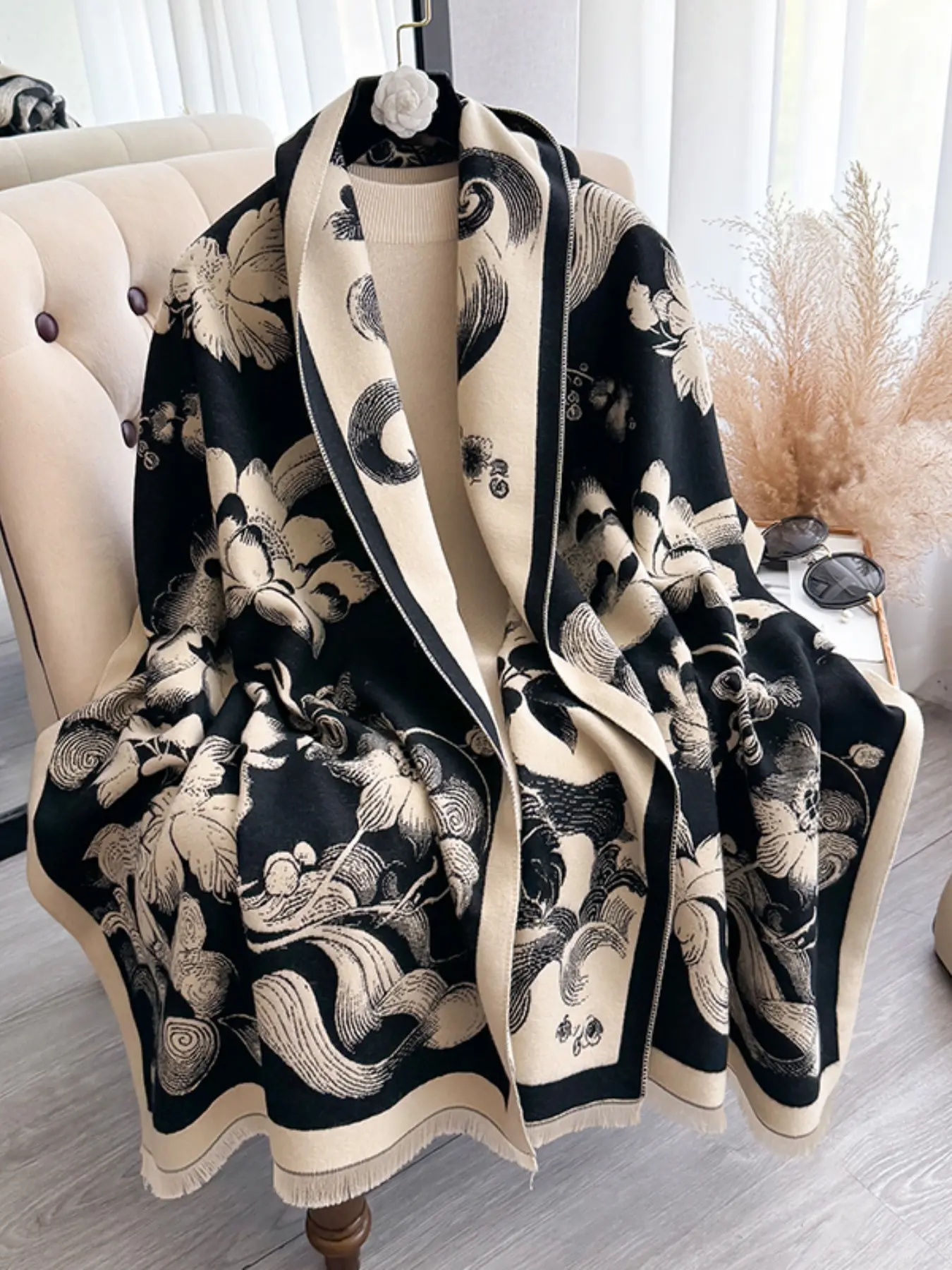 Elegant Long Fringe Detailing Scarf for Fall & Winter, Double-Sided Butterfly Print Soft Warm Shawl, Soft Luxurious Fashion Accessory for Women, Fringe trim shawl, Fashion Shawl Wrap