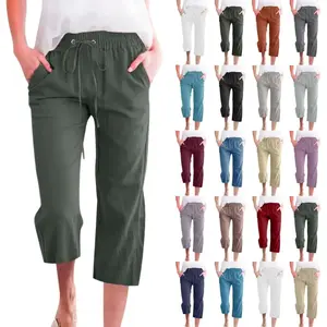 Women’s Capris/Cropped Pants – Cotton-Linen Blend, Casual Summer 2025, Straight Wide-Leg, Loose Fit, Elastic Waist with Drawstring