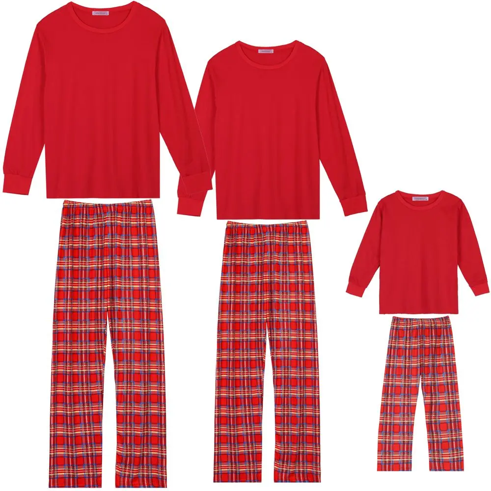 cheibear Christmas Long Sleeve Solid Tops Tee with Plaid Pants Family Pajama Sets Red Women's Medium, Nightwear, Loungewear