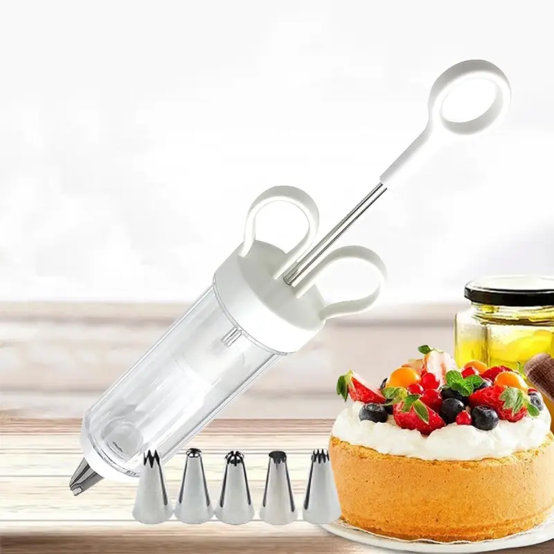 Dessert Syringe Decorating Gun Bakeware Set, Frosting Piping Kit with 6 Stainless Steel Piping Tips, Suitable for Cake, Biscuit Kitchen Baking Decorations