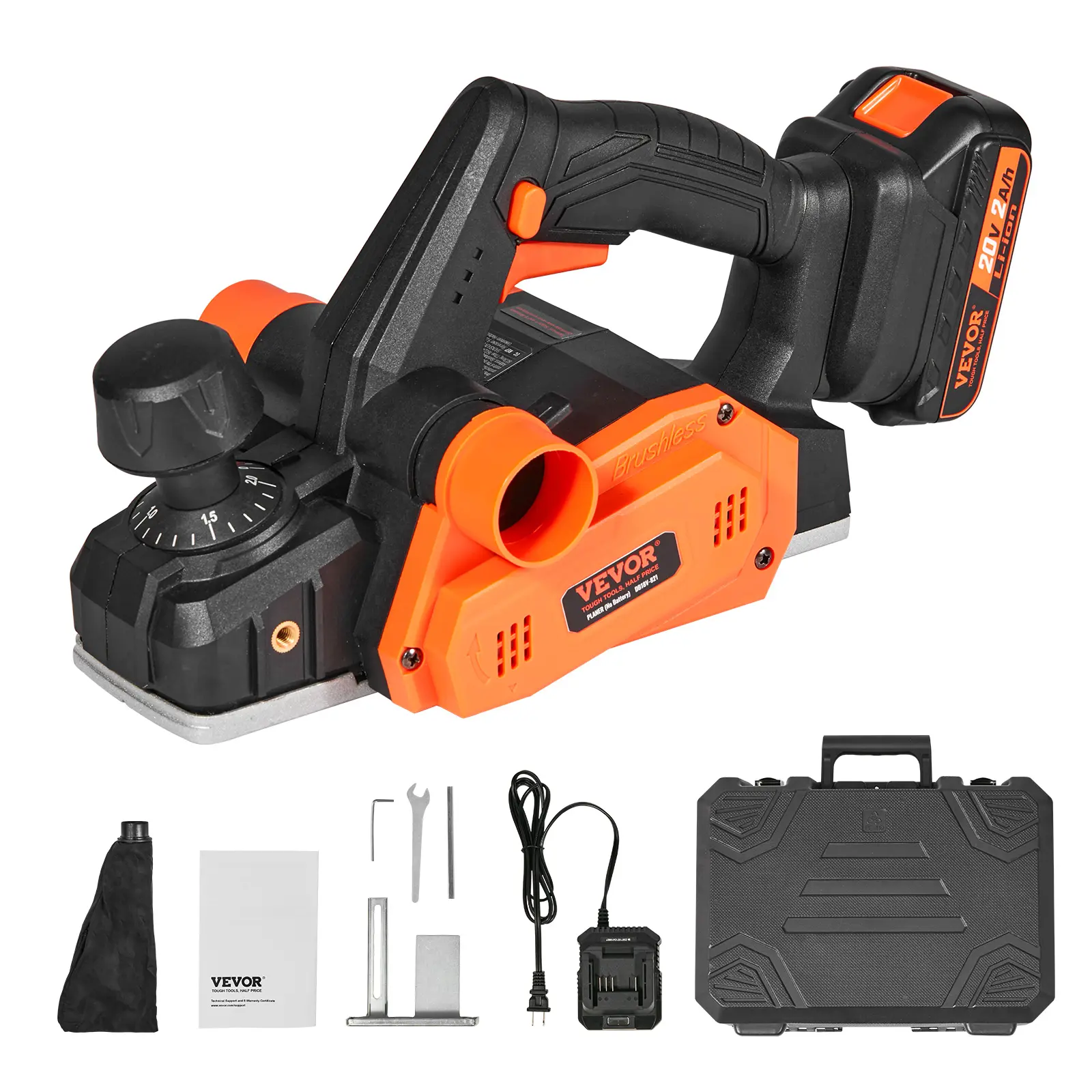 VEVOR 20V Cordless Electric Hand Planer with 800W Motor, HSS Blades, Dual-Side Dust Outlet, 3-1/4" Width, 16000rpm Speed, 20V High-Capacity Battery (8-10 Minutes Runtime) for Woodworking Surface Smoothing