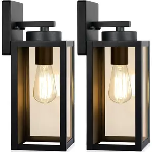 2-Pack Outdoor Wall Light Fixtures, Exterior Waterproof Lanterns, Porch Sconces Wall Mounted Lighting with E26 Sockets & Glass Shades, Modern Matte Black Wall Lamps for Patio Front Door Entryway