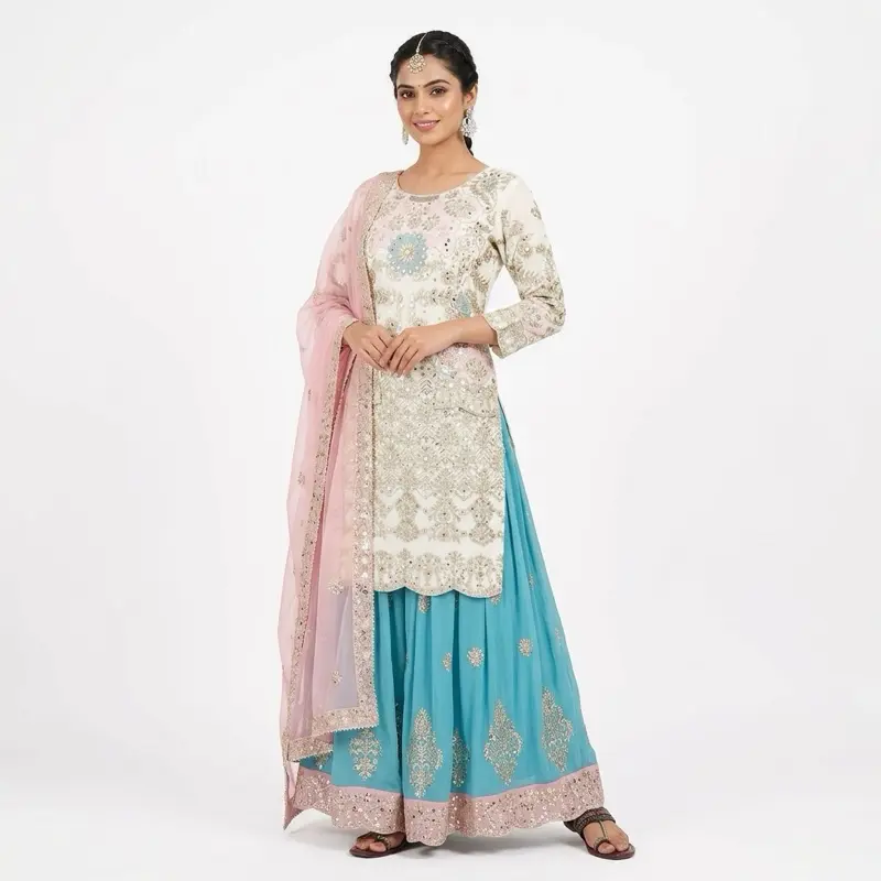Traditional Punjabi Suit for Women, 3-Piece Indian Embroidered Salwar Kameez, Lady Cosplay Costume Set with Dupatta, Accessories, Costume For Parties, Fabric, Undamaged, Unused, Ethnic Pattern Costume Sets