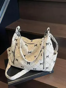 CYX Women's Elegant Colorblock Bowknot Pattern Corduroy Crossbody Bag, Fashionable Quilted Shoulder Bag for Daily Used, Casual Trendy Versatile High-quality Daily Commuting Bag  Purse, Casual Crossbody Bags