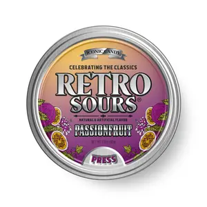 Iconic Candy Retro Sour Tins Hard Tangy Candy Passion Fruit Flavor 2.12oz Tin Classic Nostalgic Snack 1 pack