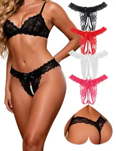 Women’s Sexy Panties Y-Back G-String Floral Lace Cut Out Underwear Low Waist Thongs with Pearls Ball,Plus Size Briefs Hipster Curvy Sheer Knicker for All Seasons Breathable Elastic Cheeky Womenswear Trim Knickers Fit Gift Panties M-3XL