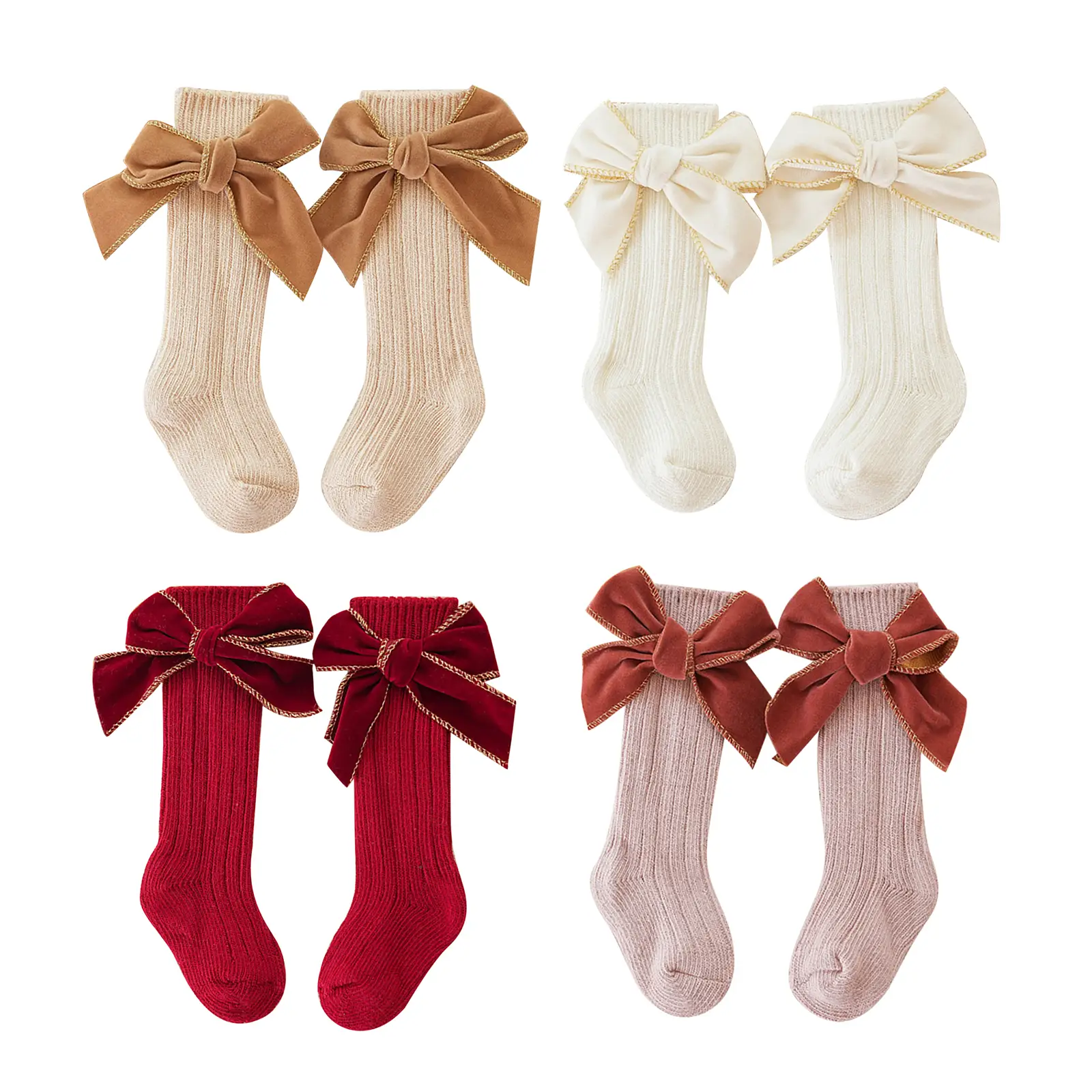 4 Pair Christmas Socks Baby Girl Knee High Socks Soft Long Socks Cotton Stockings with Velvet Bows for Infants Toddlers