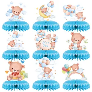 Blue Bear Gender Reveal Theme 3D Honeycomb Central Decoration Set, Dual-Sided Print, Perfect for Birthday Party Baby Baptism Gift, Party Event Props