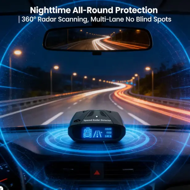 Black Portable Car Radar Detector Auto Accessories - 16-Band V7 System, 360-Degree Laser Signal Capture, Voice Warning, User-Friendly Buttons, Suction Mount & 12V Adapter Included for Safe Daily Commute