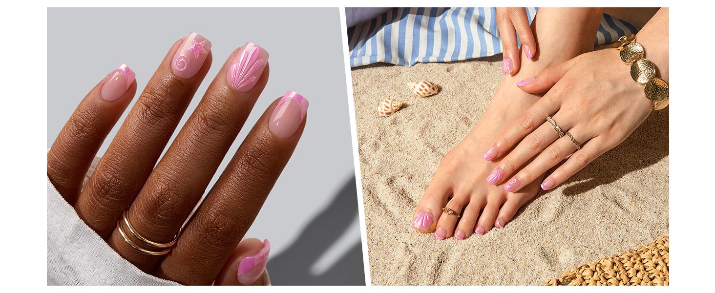 BTArtbox Press On Nails - Ocean Energy Short Press On Nails with Glue for Women, Square or Almond Opaque Soft Gel Glue On Nails in 16 Sizes - 32 Stick On Nails Kit