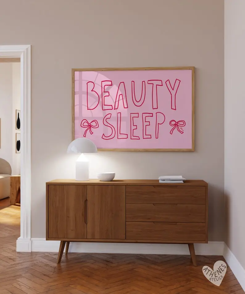 Beauty Sleep print, Above bed horizontal print, Danish pastel decor, Aesthetic apartment, Dopamine decor, Teen girl room,Light pink wall art