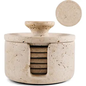Travertine Marble Coasters with Holder Lid for Drinks 3.5 Inch Stone Coaster Set of 6, Ideal for Patio, Living Room & Kitchen Decor