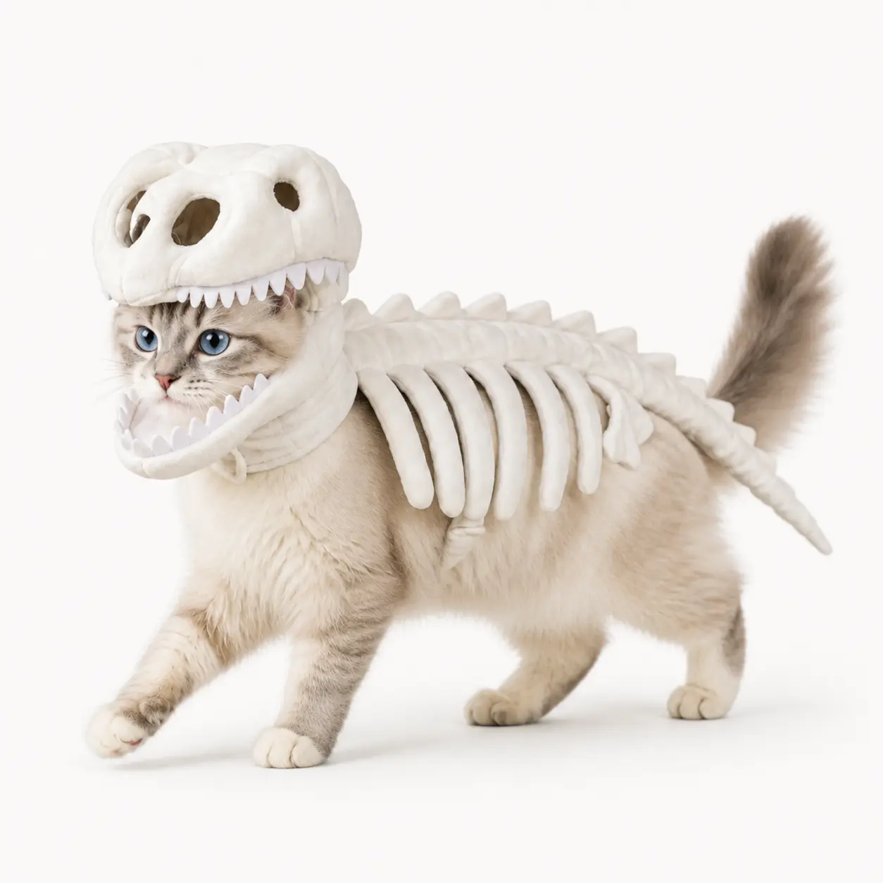 Glow-in-the-Dark Cat Dinosaur Costume, Soft Plush T-Rex Skeleton Outfit for Cats, Funny Halloween Pet Clothing with Hood & Tail for Party, Cosplay & Photo Props