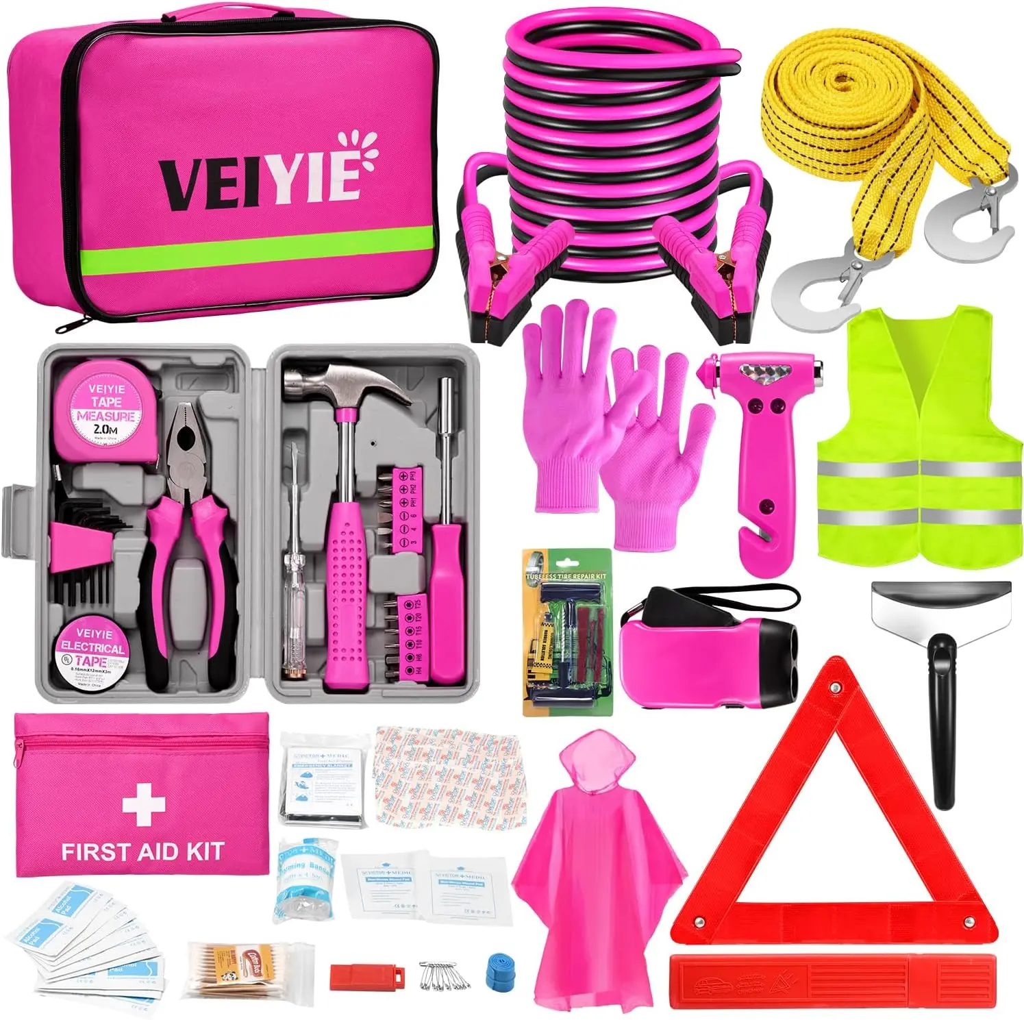 【TikTokShopBackToSchool】Roadside Emergency Car Kit for Vehicles, Pink Car  Emergency Kit with Jumper Cables, Car Safety Kits, Tow Strap, Tool Kit, Road Trip Assistance for Men, Women,