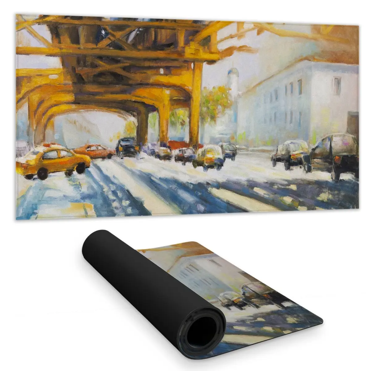 16x32 in. Water-Repellent 360 Stand Desk Mat - Blue City Traffic Under the Bridge Scene Design, Contemporary Home Decor, Smooth Surface, Urban Vibe, Indoor Desk Protection, Durable, Non-Slip Rubber Backing