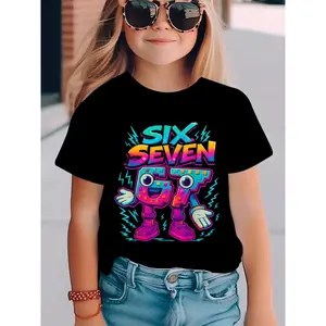 Girls' Casual Summer Short Sleeve T-Shirt | SIX SEVEN Cartoon Arm-Stretching Print, Regular Fit, Crew Neck, Slight Stretch Fabric, NY-DX7739