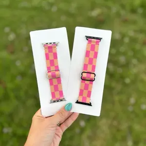 Adjustable Pink & Orange Checkered Handmade Elastic Watch Band for Stylish and Convenient Wear