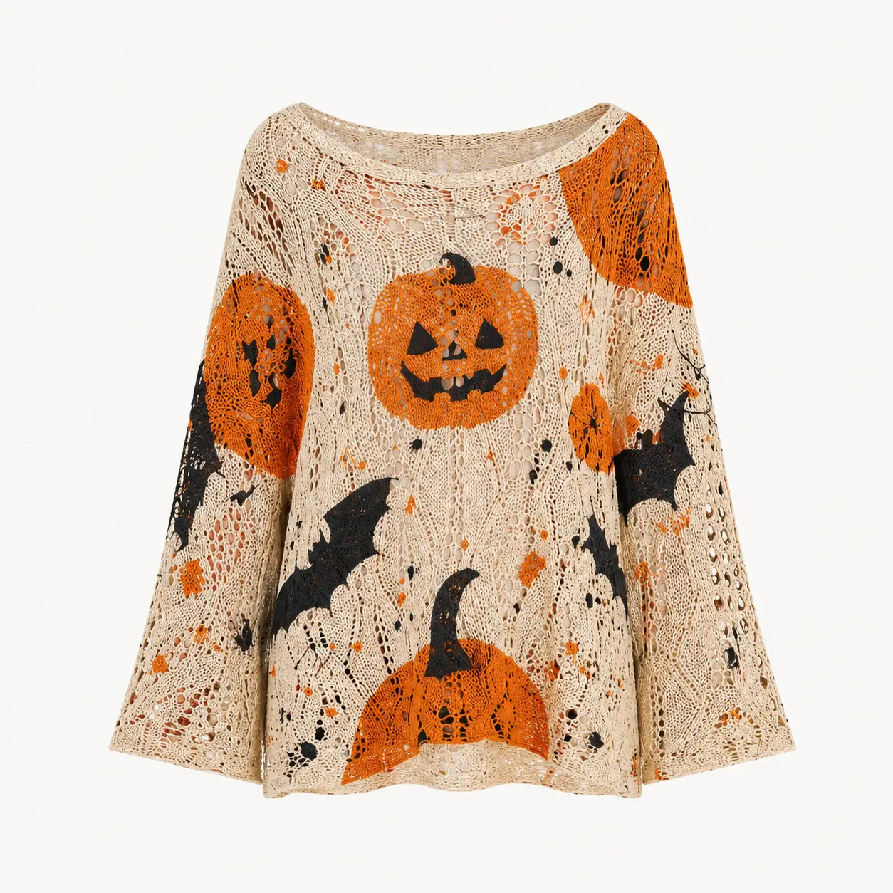 Women’s Halloween Crochet Sweater, Oversized Pumpkin Bat Hollow Knit Pullover, Lightweight Loose Fit Long Sleeve Knitwear, Jack-O’-Lantern Fall Top for Halloween Party & Casual Wear