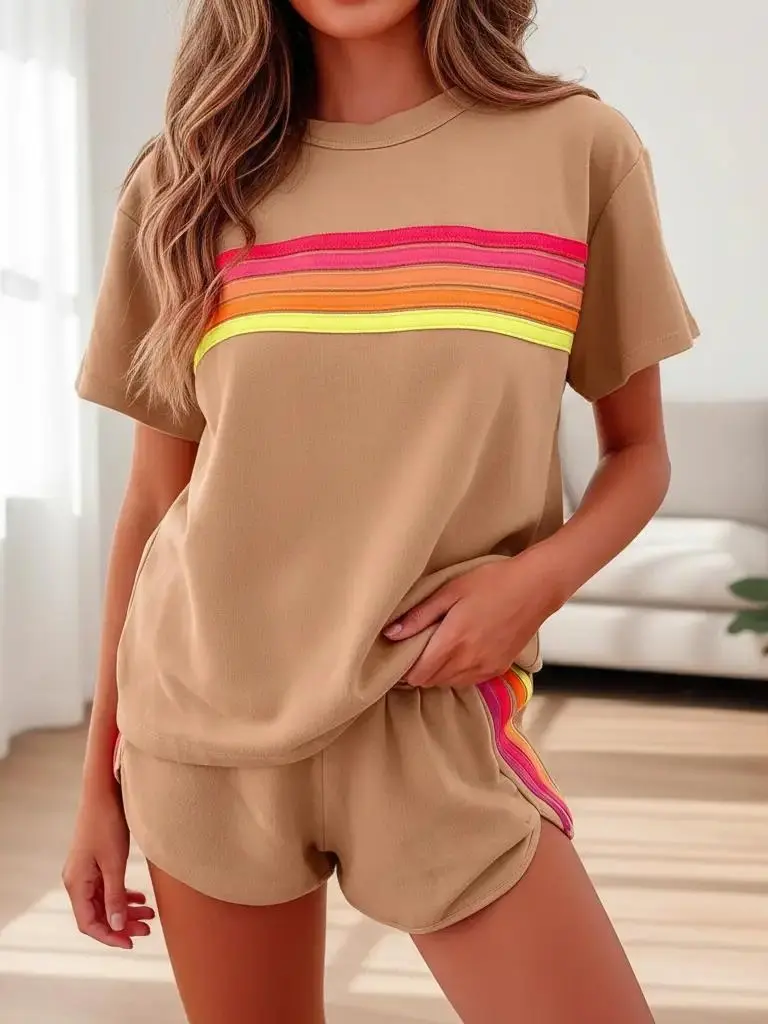 Tongudon Women's Matching Sets, Retro Rainbow Striped Knit 2-Piece Loungewear with a Short Sleeves Top and Above the Knee Shorts