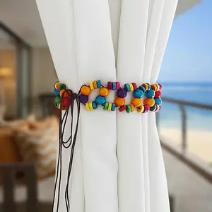 Boho Chic Wooden Bead Curtain Tiebacks, Colorful No-Tie Window Decor, Living Room & Bedroom Curtains, 2 Counts, Interior Decoration Accessories